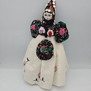 Russian Primitive Cloth Doll Antique Boltic Handmade Painted Linen Cloth & Wood